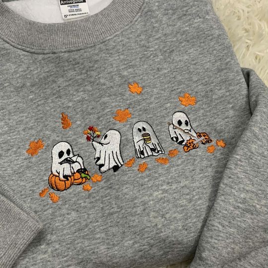 Discover Summerween Ghost Embroidered Sweatshirt, Spooky Leaves Embroidered Sweatshirt