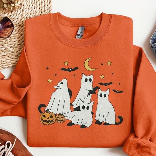 Discover Embroidered Halloween Black Cat & Ghost Sweatshirt, Halloween Ghost Embroidery Shirt