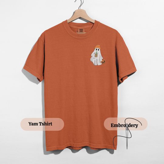Discover Ghost Embroidered Shirt, Fall Pumpkin Coffee Tee, Spooky Season Halloween T-Shirt