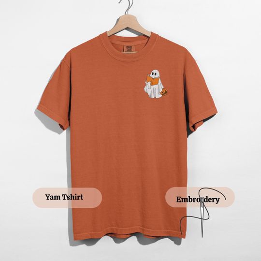 Discover Embroidered Reading Ghost Halloween Shirt, Spooky Season Pumpkin Tee