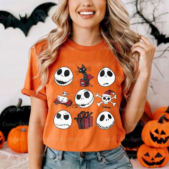Discover Disneyyy Nightmaree Beforee Christmas Jackk Holiday Faces Grid T-Shirt, Halloween Family Tee