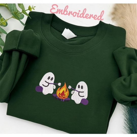 Discover Cute Ghost Campfire Embroidered Sweatshirt,Spooky Fall Sweater, Spooky Halloween