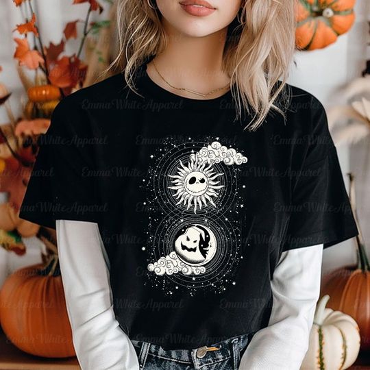 Discover Disneyyy Nightmaree Beforee Christmas Skellingtonn Sun Moon T-Shirt, Halloween Family Shirt
