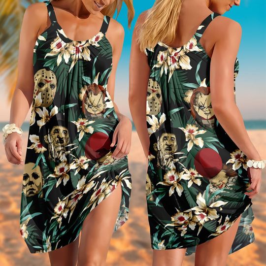 Discover Halloween Chucky Summer Sling Dress, Retro Horror Character Floral Casual Dress, Vintage Scary Movie Vacation Dress For Women, Fall Fes