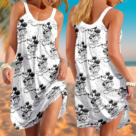 Discover Mickeyy Sketch Summer Sling Dress, Mickeyy mouse Beach Dress, Disneyyy Movie Cartoon Dress