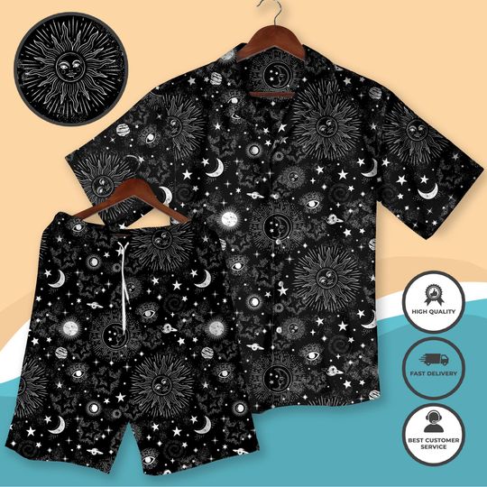 Discover Celestial Hawaiian Shirt Sun Moon Stars Cosmos Print Women Hawaiian Shirt Mens Button Down Summer Beach Outfit Astrology Lover Gift