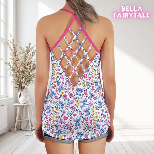 Discover Stitchh and Wild Flowers Criss Cross Tank Top, Disneyyy Tank Top, Disneyyy Cruise Tank