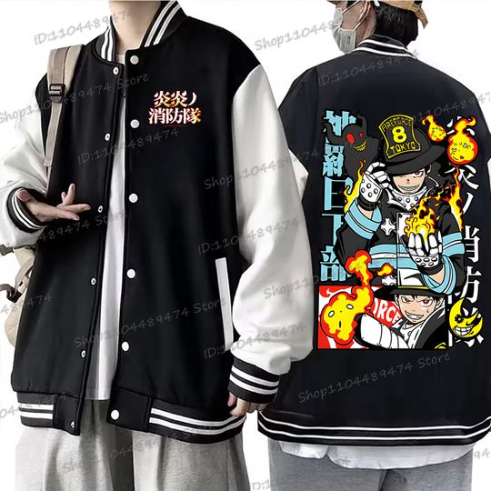 Discover Popular Anime Firre Force Graphic Jackets Men Women Button Baseball Jacket