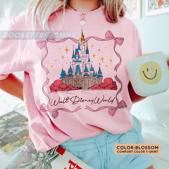 Discover Retro Disneyyy Castle Coquette Bow Shirt, Pink Disneyyworld Tee for Women, Cute Girls Trip Outfit, Magical Park Day Shirt