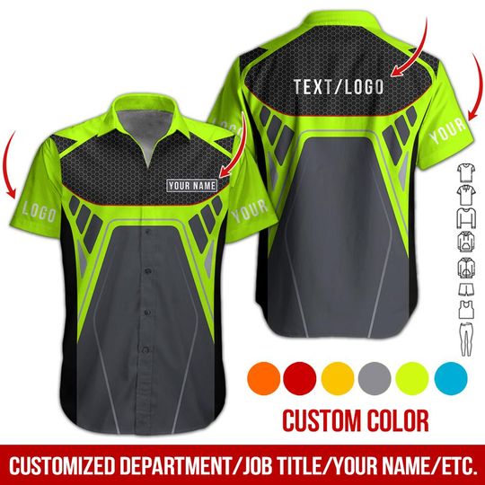 Discover Custom Work Shirt with Honeycomb Pattern, Bold Color Uniform Top for Men, Personalized Logo & Name Button-Up, Garage or Crew Shirt