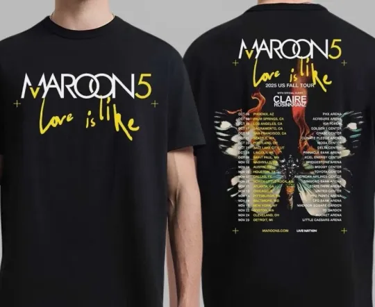 Discover Maroon 5 Love Is Like 2025 US Fall Tour Cities Dates Two Sided Unisex T-Shirt