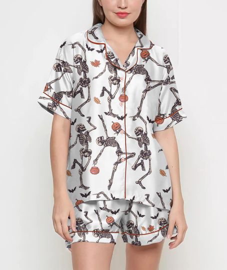 Discover Vintage Halloween Shirt, Pajamas Satin Set, Dancing Skeleton,