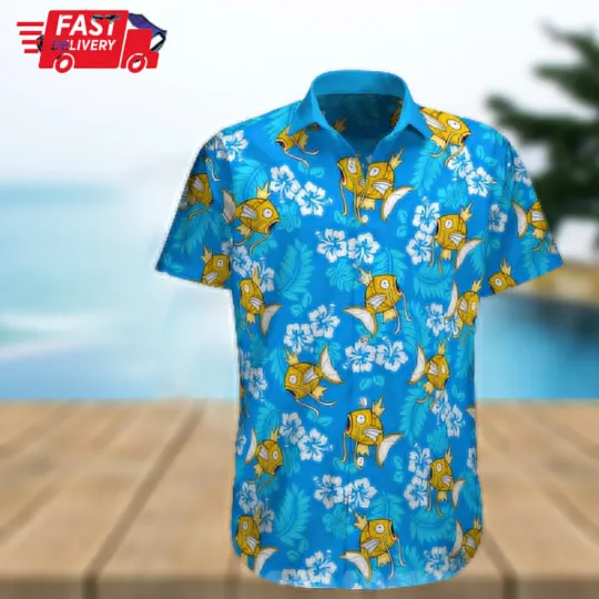 Discover PKM Magikarp With Tropical Pattern Blue Color 2024  Hawaiian Shirt