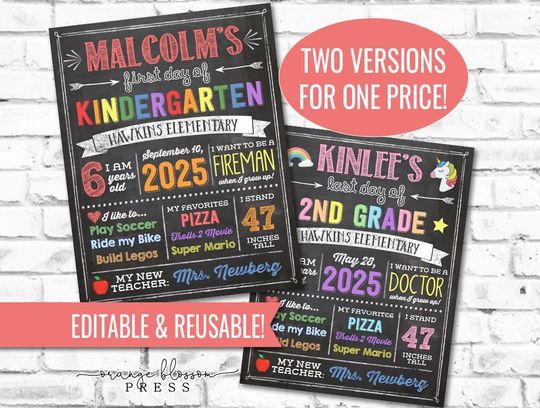 Discover Chalkboard Back to School Sign, First Day or Last Day, Editable & Reusable, Boy or Girl, Printable, Instant Download, S01