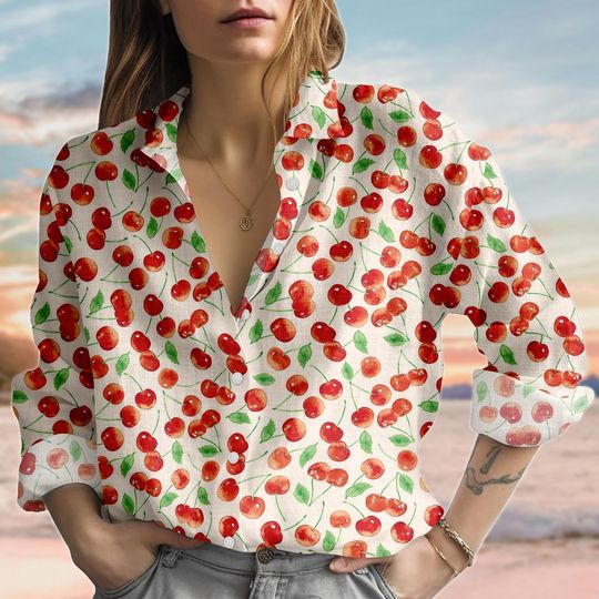 Discover Retro Cherry Linen-Look Shirt, Red Cherry Women Shirt, Red Fruit Casual