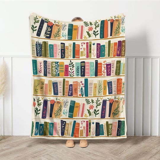 Discover Vintage Bookshelf Library Blanket, Cottagecore Book Wildlowers Blanket Gift