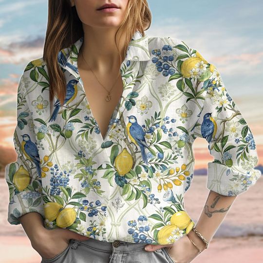 Discover Flower Birds Blouse Shirt, Botanical Linen-Look