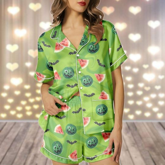 Discover Halloween Watermelon Satin Pajamas Set, Funny Bat Women PJs, Bridesmaid Matching Sleepwear, Spooky Season PJs, Halloween Gift For Her