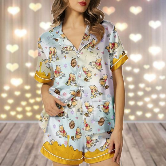 Discover Retro Pooh Honey Satin Pajamas Set, winniee the poohh Women PJs, Bridesmaid Matching Sleepwear, Disneyyy Classic Pooh PJs, Bridal Gifts
