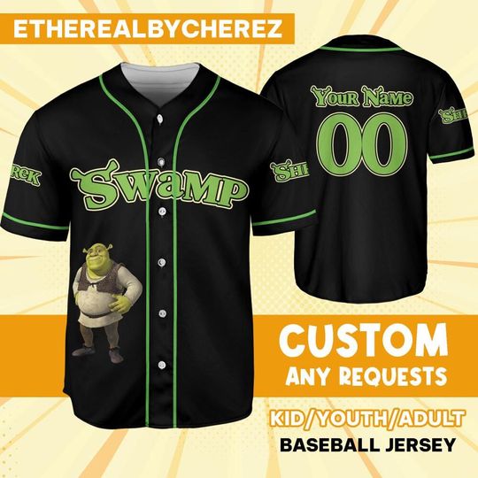 Discover Personalize Shrek Swamp Black Green, Baseball Jersey, Custom Kids, Youth, Adult, Birthday, Cartoon Team Outfit