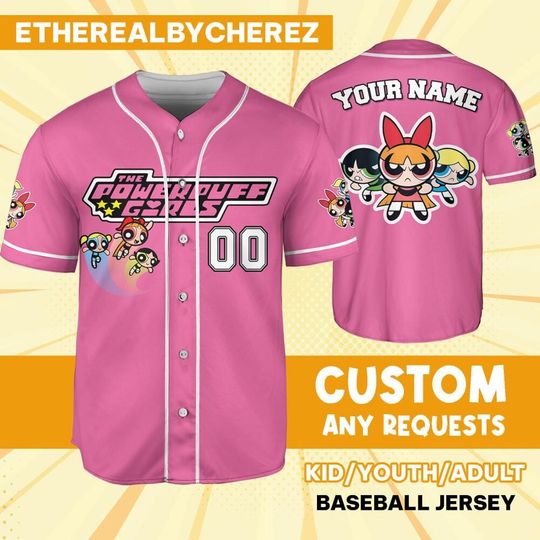 Discover Personalize Powerpuff Girl Action Pink Black Jersey, Custom Kids, Youth, Adult, Birthday, Cartoon Team Outfit