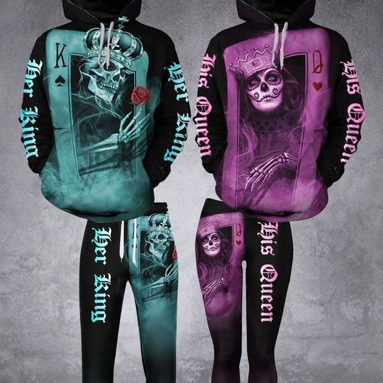Discover Her King His Queen Hoodie & Leggings Set For Couple Green And Pink