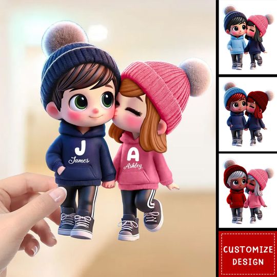 Discover Cute Cartoon Couple Walking Personalized Standing Wooden Plaque-Anniversary Gift For Wife,Husband