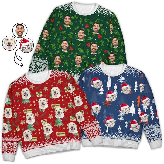Discover Custom Photo Family Dog Cat Face - Christmas Gift For Pet Lovers, Personalized Unisex Ugly Sweater