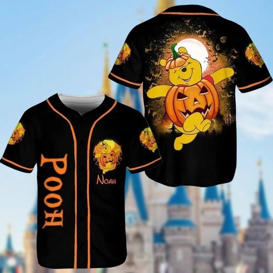 Discover Custom winniee the poohh Halloween Baseball Jersey, Pooh Pumpkin Jersey Shirt, Spooky Season Baseball Jersey Team, Disneyyy Halloween Shirt
