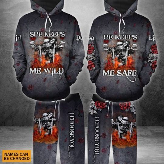 Discover Skull Couple Matching Hoodie & Sweatpants She Keeps Me Wild He Keeps Me Safe