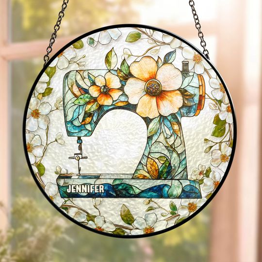 Discover Floral Sewing Machine - Personalized Window Hanging Suncatcher Ornament
