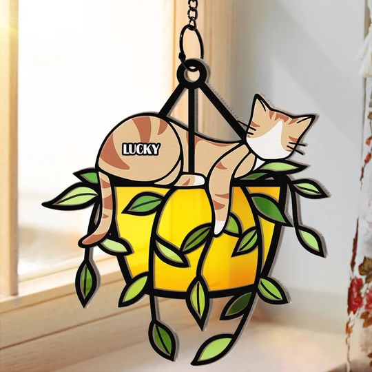 Discover Sleeping Cat On Plant Pot - Personalized Window Hanging Suncatcher Ornament