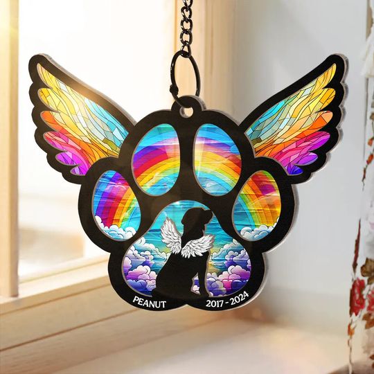 Discover Memorial Dog Cat Waiting At The Rainbow Bridge - Personalized Window Hanging Suncatcher Ornament
