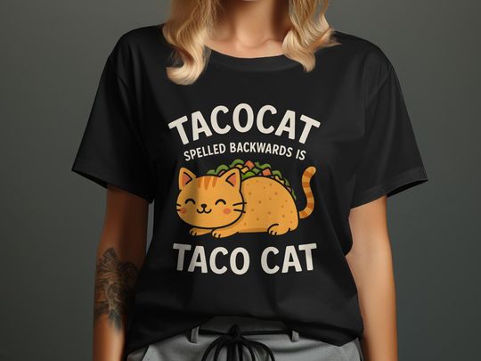 Discover Tacocat T-Shirt, Spelled Backwards, Funny Palindrome Cat