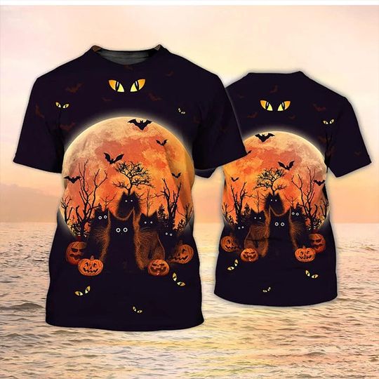 Discover Halloween Black Cat Moon T-Shirt, Spooky Pumpkin