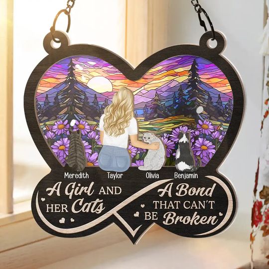 Discover Infinity Heart Flower Field A Girl And Her Dog And Cat - Personalized Suncatcher Ornament