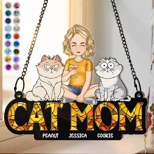 Discover Cat Mom Funny Cartoon Cats - Personalized Window Hanging Suncatcher Ornament