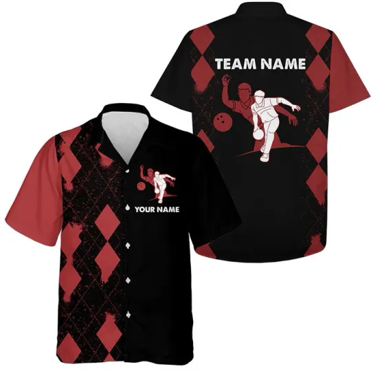 Discover Custom Hawaiian Bowling Shirt Personalized Name Red & Black Bowler Team Hawaiian