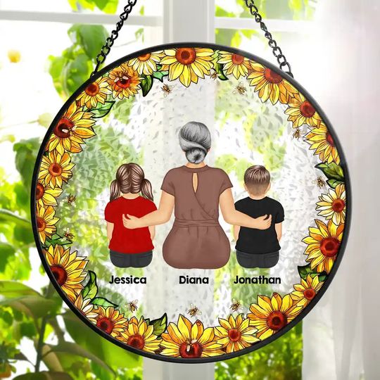 Discover Floral Frame Grandma Mother And Children - Personalized Stained Glass Window Hanging Suncatcher