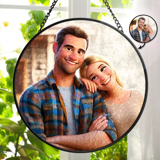 Discover Custom Photo Cartoon Portrait Loving Couple - Personalized Stained Glass Window Hanging Suncatcher