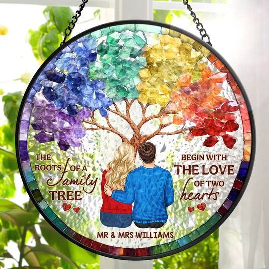 Discover Husband & Wife Couple The Roots Of A Family Tree - Personalized Stained Glass Window Hanging Suncatcher