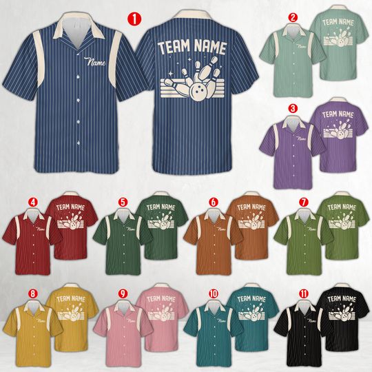 Discover Personalized Bowling Hawaiian Shirt, Custom Name Retro Stripe Bowling Button Up Shirt, Matching Bowling Team Shirt, Gift for Bowlers
