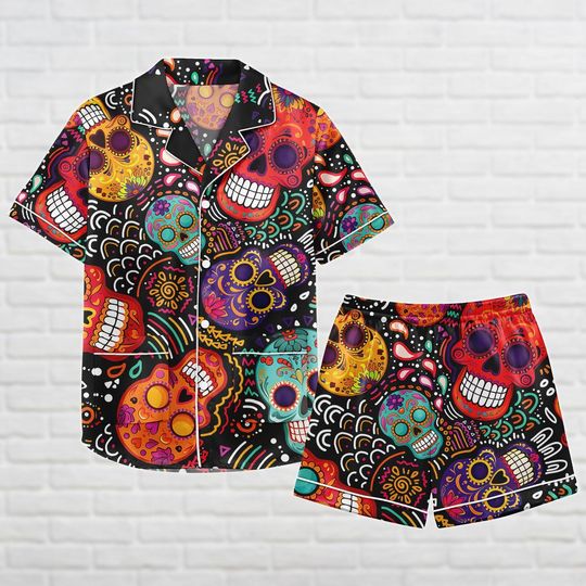 Discover Sugar Skull Satin Pajamas, Halloween Pajamas Set, Mexico Women Pajamas