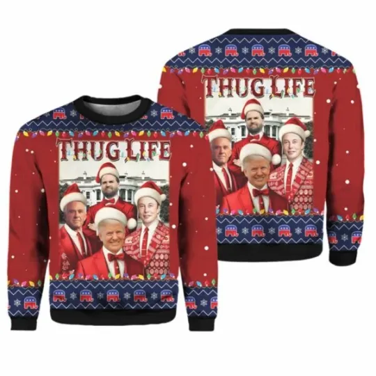 Discover Thug Life Christmas Trump Vance Musk Ugly Christmas Sweater