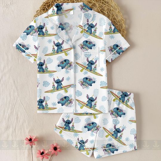 Discover Stitchh Surfing Aloha Unisex Satin Pajamas Set, Disneyyland Pajamas,
