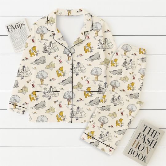 Discover Vintage Cartoon Bear Pajamas Set, Cozy Cream Sleepwear, WDW Characters Shirt