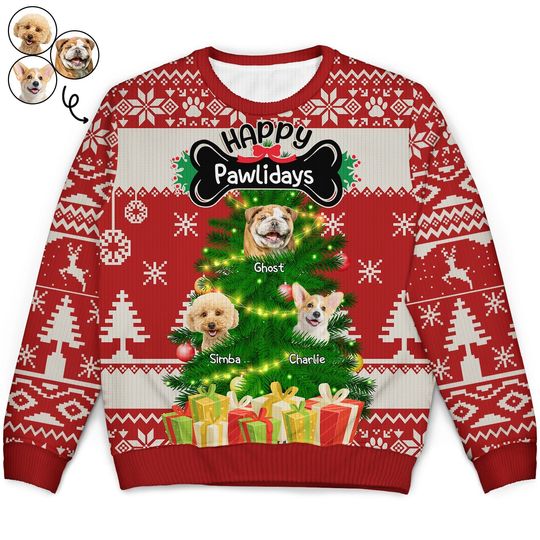 Discover          Custom Photo Funny Dog Cat Face Happy Pawlidays - Christmas Gift For Pet Lovers - Personalized Unisex Ugly Sweater       