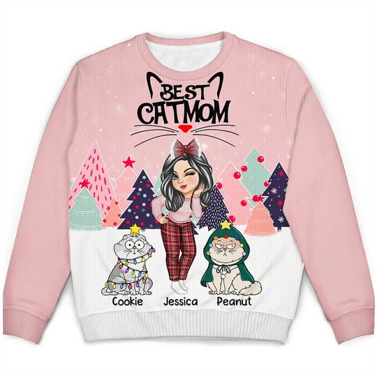 Discover          Christmas Best Cat Mom Funny Cartoon Cats - Personalized Unisex Ugly Sweater       