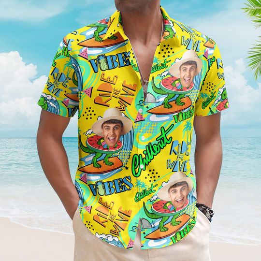 Discover Funny Personalized Face Hawaiian Shirt  Cool Dino on Surfboard, Ride the Wave Vibes Shirt  Custom Summer Beach Shirt for Men