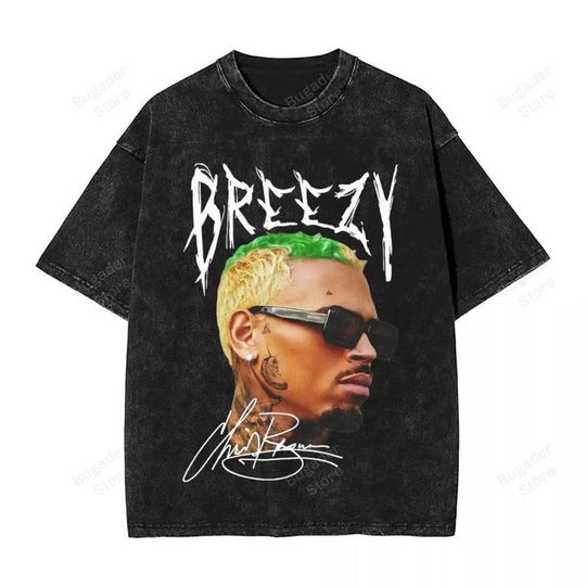 Discover Chris Brown Big Face T Shirt Hip Hop Washed Short Sleeve T-Shirt